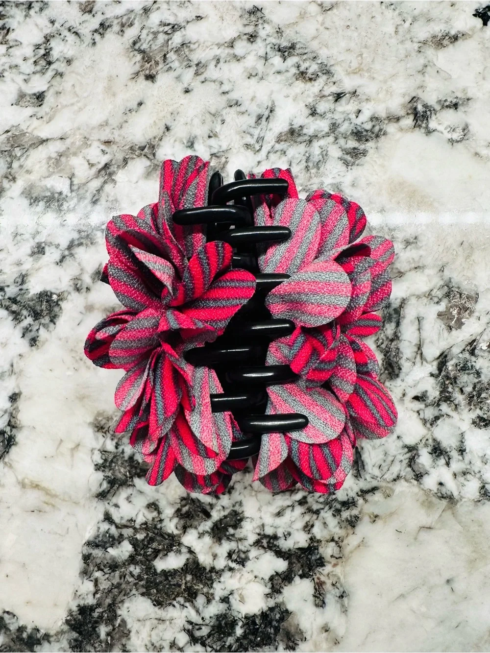 Floral Hair Claw Clip Pink Grey Stripe Fabric Statement Jaw Clip Large